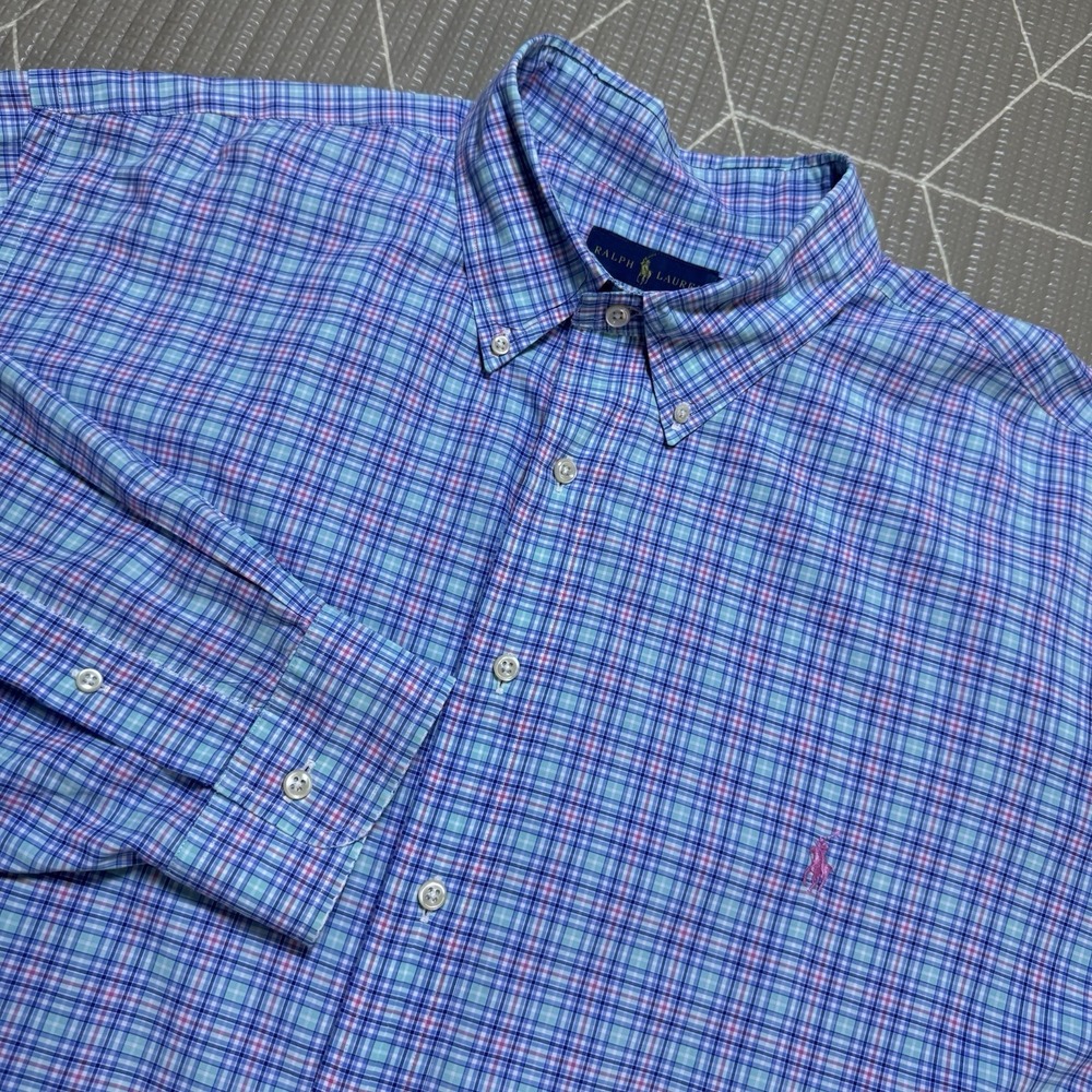 Ralph Lauren Plaid Button Down 2XB Long Sleeve Blue Pink Cotton Stretch Preppy
